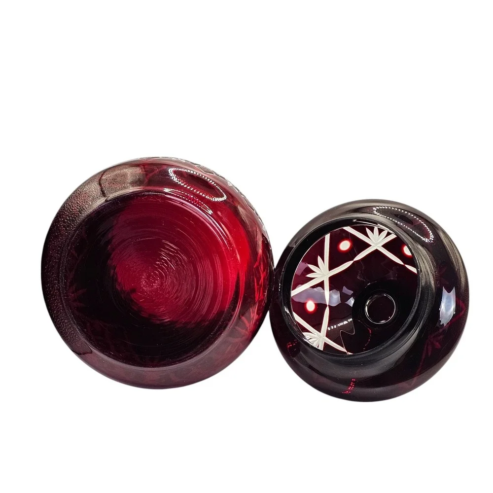 Vintage Bohemian Czech Ruby Red Cut to Clear Glass Canister Jar Crystal Lid 9.5